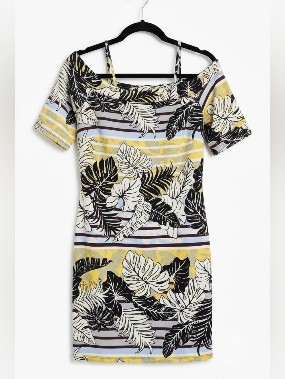 H&M Tropical Off-Shoulder Mini Dress in Yellow, Black & White
